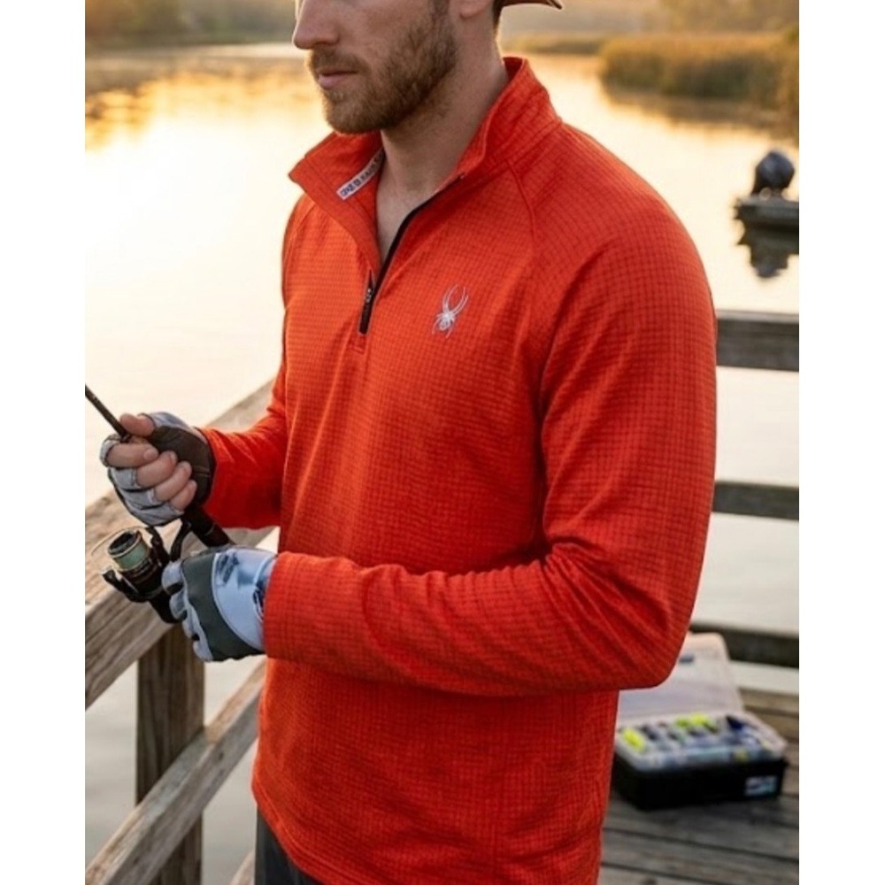 Spyder Active Mens Medium Orange Grid Textured Quarter Zip Pullover Long Sleeve